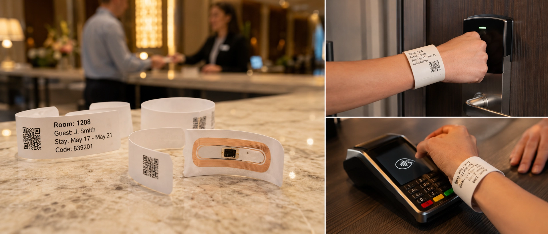 Thermal RFID wristband technology for hotels combining printed information with encoded chips for room access and payments Thermal RFID wristband technology for hotels combining printed information with encoded chips for room access and payments