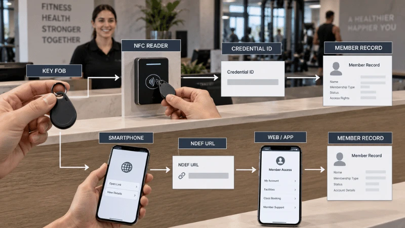 NFC membership key fob architecture showing separate reader credential and smartphone NDEF paths mapped to the same member record. NFC membership key fob architecture showing separate reader credential and smartphone NDEF paths mapped to the same member record.
