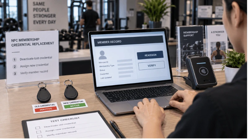 Old NFC membership key fob deactivated while a replacement credential is assigned and verified against the same member record. Old NFC membership key fob deactivated while a replacement credential is assigned and verified against the same member record.